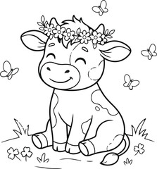 Fototapeta premium Hand-drawn floral face with daisies and wildflowers. Whimsical botanical illustration of a smiling woman made from nature elements.