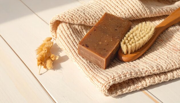 Natural Soap and Brush on Towel - A Spa-Like Still Life.
