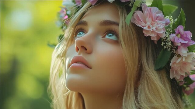 Golden-haired woman wears floral crown. Soft light highlights her serene expression. Pink flowers frame her gentle upward gaze. Green background blurs to emphasize natural beauty