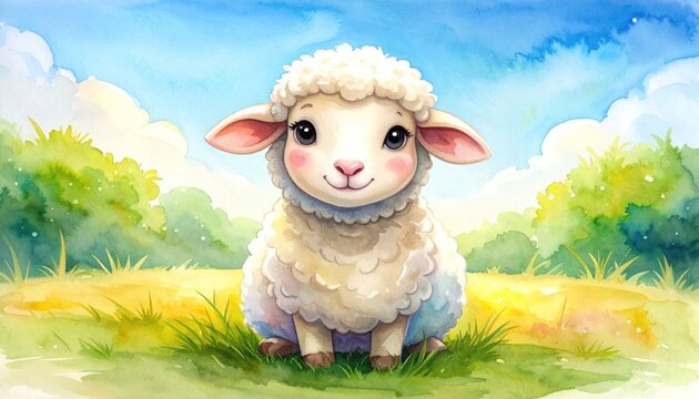 Adorable Watercolor Lamb in a Sunny Meadow Illustration.