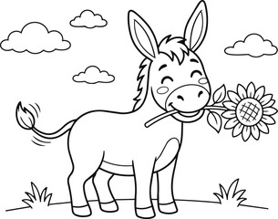 Cute cartoon rabbit holding a daisy flower in nature. Whimsical hand-drawn animal illustration with soft lines and playful expression for children'...