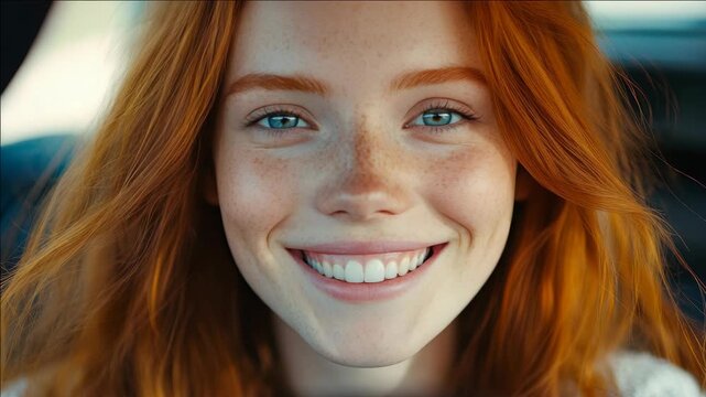 Bright blue eyes meet the camera with a warm, genuine smile. Reddish hair frames a youthful, freckled face. Sunlight glows softly behind the subject's shoulder