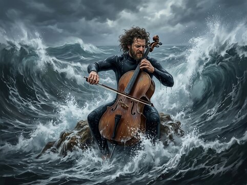 Man playing cello on a rock in a stormy ocean