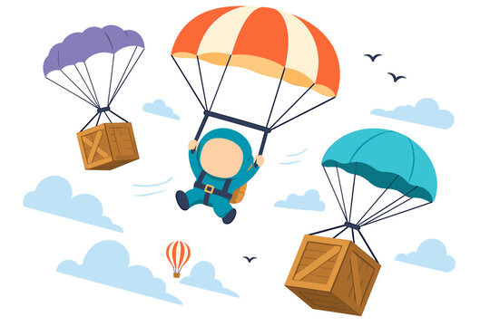 Illustration of a happy cartoon character skydiving with parachutes alongside dropping delivery cargo boxes in the cloudy blue sky