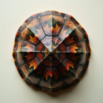 Close-up view of patterned turtle shell. Intricate scale design in warm brown, orange, and yellow tones. Natural geometric shapes and textures visible.