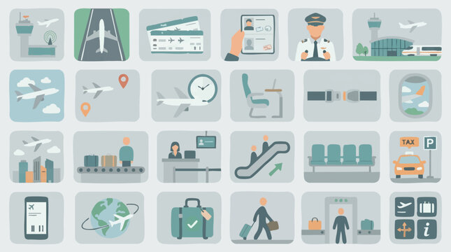 Flat Design Icons Set for Airport, Air Travel, and Aviation Services