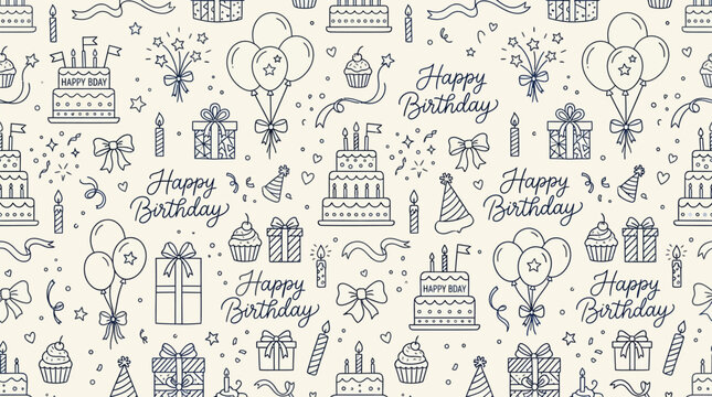 Happy birthday sketch pattern with cakes balloons gifts with wrapped gifts