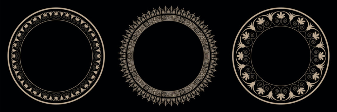 Set of decorative gold round frames for design with Greek key meander.  Egyptian, Assyrian, Greek motif circular frame. Template for textile, engraving, plate,  forging, embroidery, mirrors, photo