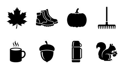 Autumn Icons Set: Maple Leaf, Boots, Pumpkin, Rake, Hot Drink, Acorn, Thermos, Squirrel, Seasonal Vector Graphics © Surjo