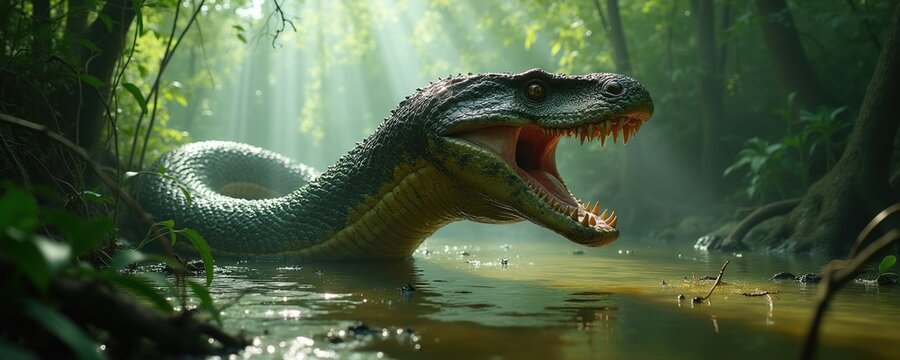 Giant snake lurks in murky jungle water, mouth open, sharp teeth bared. Green foliage surrounds coiled body. Sunlight streams through trees, creating misty atmosphere. Prehistoric reptile emerges