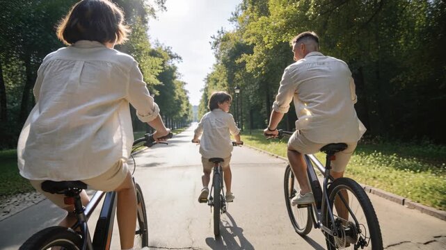 Family riding bicycles in a sunny park. Mother, father, and son cycling together on a paved path. Active lifestyle and summer recreation concept. Tracking shot from behind