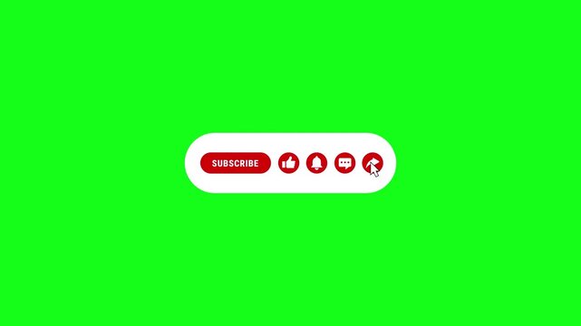 Subscribe button animation on green screen with interactive social media icons. Chroma key overlay for video editing, content creators, streaming, and motion graphics
