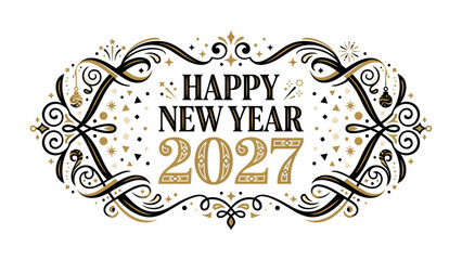 Happy New Year 2027 Design: An ornate, decorative frame in black and gold surrounds the festive greeting Happy New Year 2027, adorned with sparkling confetti and festive embellishments.