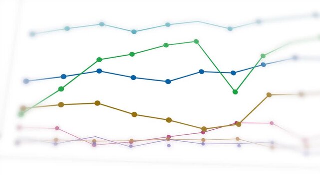 Colorful Multiple Line Graphs Growing With Data Points Moving and Rising On White Background. Clan Statistics And Simple Data Visualization Concept.