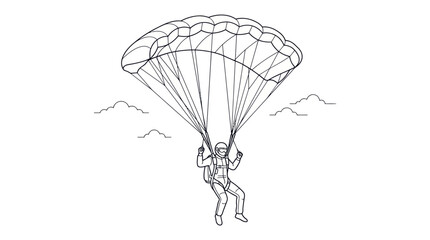 Line drawing of skydiver descending with open parachute. © diki