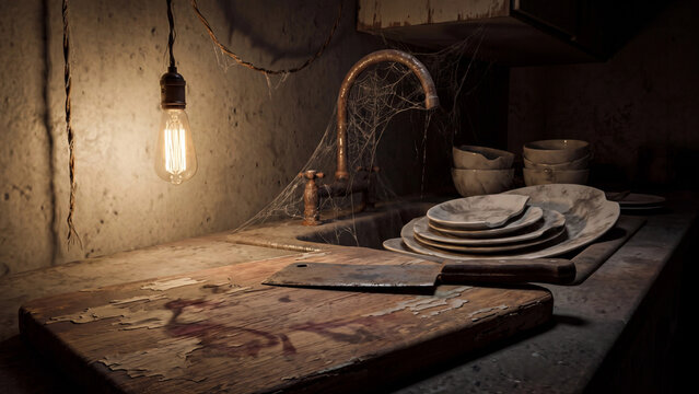 dark spooky Abandoned scary kitchen interior with sharp knife
