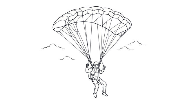 Line drawing of skydiver descending with open parachute.
