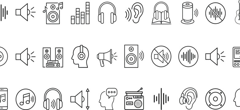 Sound, linear icon collection with speakers, headphones, microphones, music notes and audio controls, editable stroke vector set.