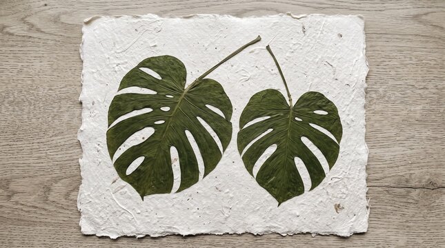 Two dried green monstera leaves on handmade white washi paper over wooden background