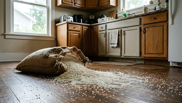 Bag of rice spilled on a kitchen floor, creating a mess with grains scattered