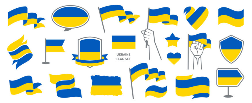 Ukraine Flag Set in Different Styles, Ukrainian Ribbons, Shields, Badges, Tryzub Trident Emblems, Design Elements