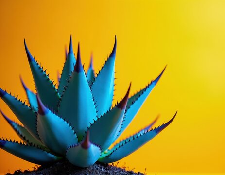 Blue agave plant with sharp points grows in dark soil against bright yellow background. Succulent plant has spiky leaves, unusual color for decorative garden or natural science.