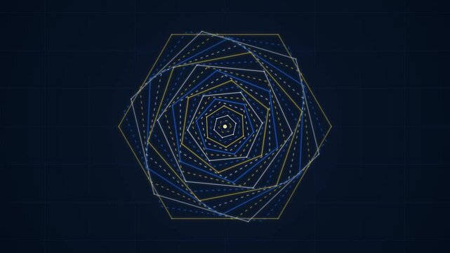 Animated geometric shapes rotating in a symmetrical pattern on dark grid