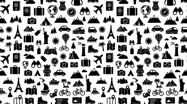 travel and tourism seamless pattern featuring diverse black silhouette icons on a white background ideal for vacation and adventure graphic design.