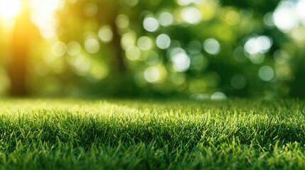Naklejka premium Sunlight filters through lush green trees onto a vibrant, dew-kissed lawn