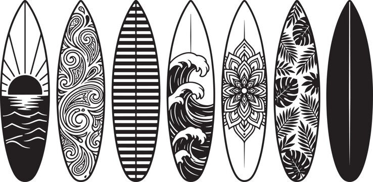 Set of seven surfboard designs with various black and white patterns including ocean waves tropical leaves and geometric shapes