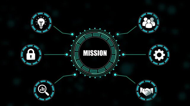 Business mission concept with and symbols on dark background company goals strategy vision objectives