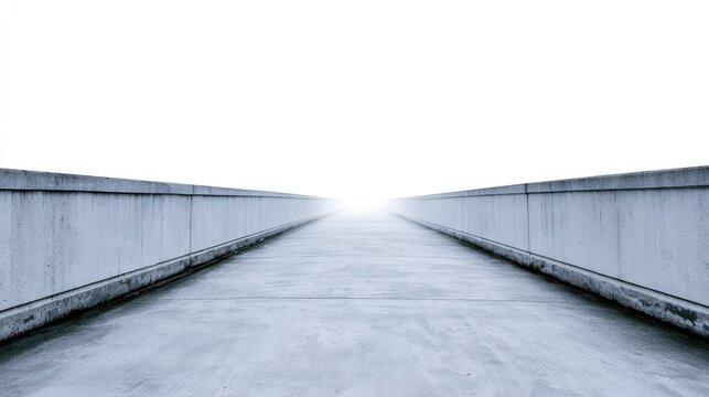 Stark concrete walkway disappears into bright, white, misty light