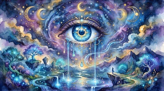 A surreal fantasy illustration depicting a giant glowing eye in a cosmic night sky, with magical water streams flowing over a mystical landscape featuring floating islands and glowing trees at night.