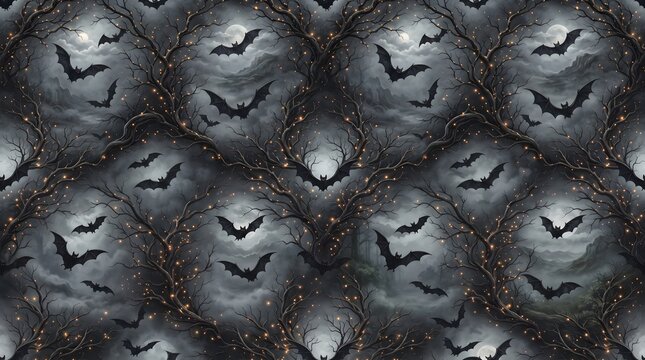 A seamless pattern design featuring silhouettes of flying bats against a dark, moody sky with bare, twisted tree branches and a glowing full moon, ideal for halloween or gothic themed projects.