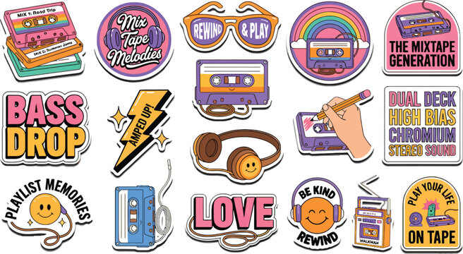 Retro, music sticker collection with cassette tape, Walkman, headphones, rainbow and vintage 80s 90s design elements.