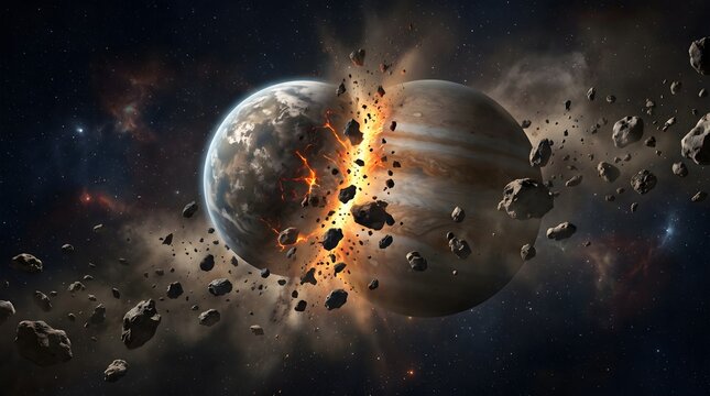 Epic digital illustration of two massive planets colliding in outer space, creating an explosive shower of debris illuminated by distant stars and nebulae.