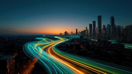 Fototapeta premium Streaks of light illuminate a cityscape at dusk, symbolizing fast movement
