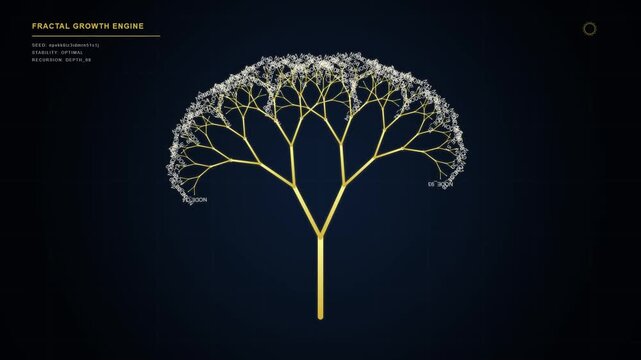 Digital Fractal Tree Structure with Data Nodes Evolving on Dark Background