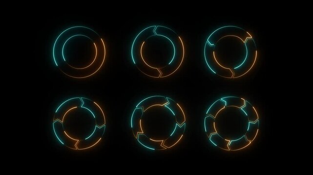 Colorful circle NEON arrow chart set. Rotate arrow and spinning loading arrows, repeat circle. Business strategy workflow process infographic elements, circular statistics diagrams. on transparent