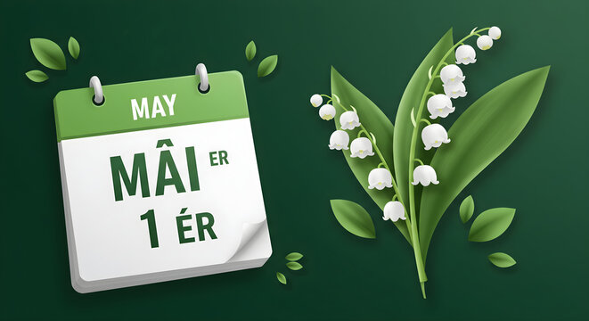 May calendar page with lily flowers and leaves on green background