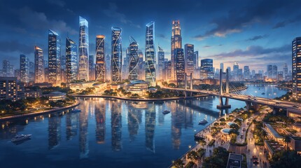Obraz premium A scenic view of a modern metropolitan city at dusk with illuminated skyscrapers reflecting on the river surface, featuring a large bridge and vibrant urban landscape under a twilight blue sky.