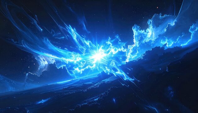 Cinematic blue supernova explosion over a dark planetary horizon