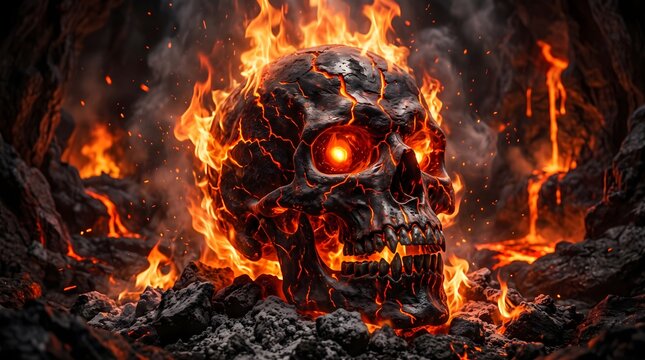 A detailed close-up of a dark, charred human skull engulfed in intense orange and yellow flames, set against a backdrop of volcanic lava and smoke, representing danger, death, and hellish themes.
