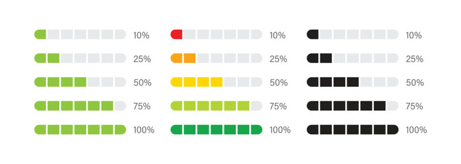 Obraz premium Set of loading coloring bar shape with progress bar loading signs. processing loading bars from zero to success. Download progress icons. Vector illustration