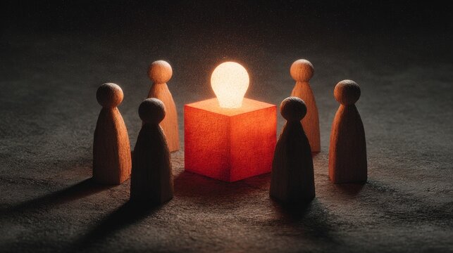 Wooden peg people figures standing in a circle around a glowing light bulb on a red block in a dark space