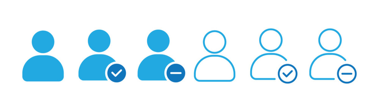 User Approval icon set. Account verification concept, person profile with checkmark and cross icons, accepted and rejected user status, vector illustration. new member register and friend request for