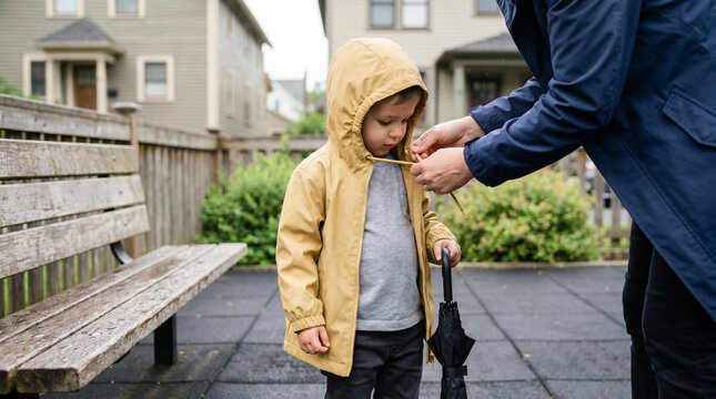 Parent Adjusting Child Raincoat At Neighborhood Playground