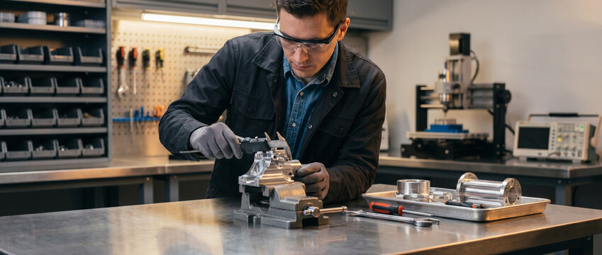 Mechanical engineer testing a prototype in a development lab
