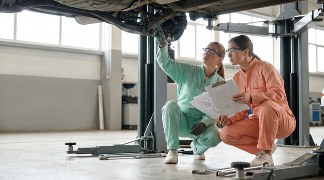 Female mechanics collaborating under a car lift in a pastel service bay