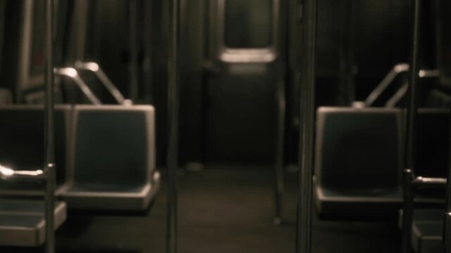 An empty subway car with rows of seats and metal poles. The dim lighting creates a quiet atmosphere. It is late at night, and no passengers are present.